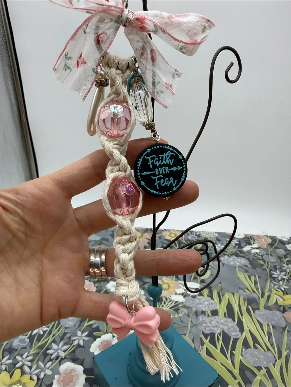 👑Adorned Crown Jewelry purse bag charm keychain Faith over Fear macrame bow